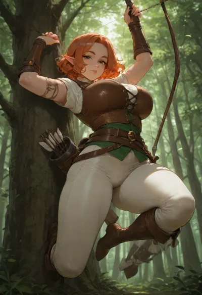 masterpiece, best quality, absurdres, newest, highres, very aesthetic, 1girl, solo, mature female, adult, elf, pointy ears, short_hair, bob_cut, wavy hair, orange hair, brown_eyes, large_breasts, pubic_hair, hunter, leather vest, shirt, pants, boots, quiver, bracers, bow, arrow, tattoo, scar, wide face, thick eyebrows, clothes over underwear, (beige lingerie:.45), (beige slip:.45), (cotton:.3), fully clothed, underwear under clothes, jumping, midair, from tree, shooting, archery, forest, dynamic pose, full body, looking at viewer, detailed face, detailed eyes