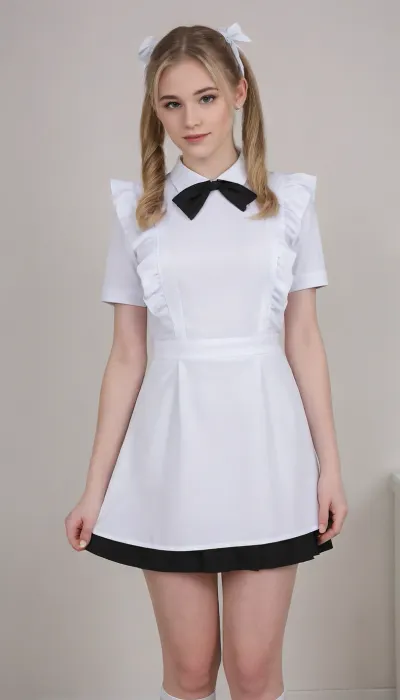 beautiful blonde 18 years old with ponytails girl, white bows, bright earrings, black dress, white apron, soviet school uniform, white sandals, high heels, blonde, small breasts, long legs, looking down, suxl, M3L0DYM4RK5, MELODY-MARKS, Scandic, <lora:suxl:.8>, <lora:M3L0DYM4RK5 [vvugot1905cc735fbp19f1]:1.8>, <lora:melody-marks-xl:2>, opentoeNYX, <lora:opentoeNYX_XL:.8>, <lora:Bamboo_earring-000008:.8>
