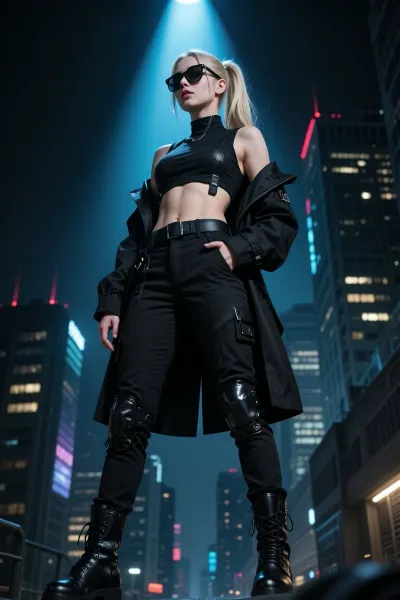 1girl, solo, standing, black sunglasses, blonde hair, blonde ponytail, open black coat, parted lips, black background, cyberpunk, black boots, black pants, tall body, tall, close up, angle from below, city background, night time, looking up, blue spotlight, spotlight from above