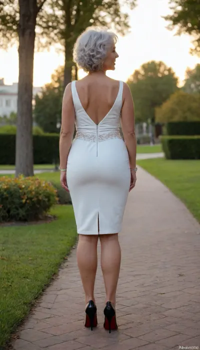 Una mujer de 60 años voluptuosa, Grandes caderas, culo grande, pechos grandes, con un vestido sexy y corto en un parqee al atardecer enseñándo su culo a camara, Lleva puestos unos tacones y tiene un cuerpo normal para su edad, piel blanca.