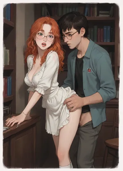 A beautiful, voluptuous young woman with very long, curly red hair styled in a large high bun, slender, and stunning, with a perfect, refined, delicate, and beautiful face and full, sensual lips, sensual, pouting lips, she is shouting with joy and pleasure, her cheeks flushed, (engaged in standing anal sex from behind with her boyfriend:1.8), wearing large glasses hairy pussy, one leg raised, (the man is fucking her with great enthusiasm:1.5), unbuttoned white blouse, slit skirt hiked up to her waist, thong pulled aside, high-laced stiletto sandals, beautiful round breasts spilling out of her neckline, boobs visibles, set in a bookstore, she is gripping a bookshelf tightly, (ratatatat74), 90s anime style, (bold outlines), (anime style), cartoon style, limited color palette, painterly style, illustration, created in Adobe Illustrator, no gradients, "Incase" style, concept art, retro, futuristic, flat colors, masterpiece, 90s Anime, (Outline), (cartoon), tooned, cartoon, low color palette, painted, made in adobe illustrator, incase style, ultra detailed, <lora:ratatatat74-000050:.9>, <lora:outline_xl_kohaku_delta_spv5x:.5>, <lora:cartoon_stickers_xl_v1:.6>, <lora:NEOTOKIOXL_0.2_RC:.4>