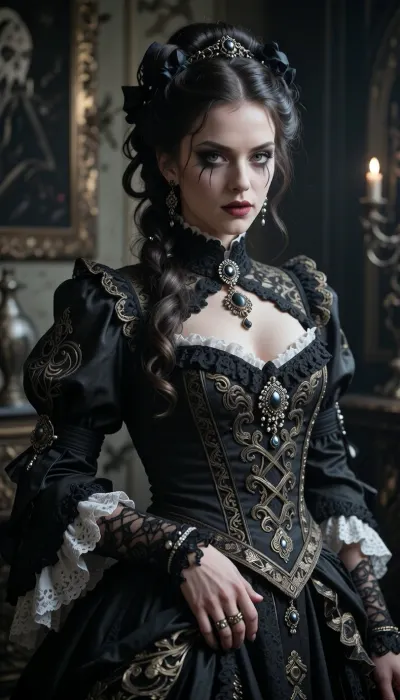a high detail and photo realistic photograph of, full body, Victorian Goth, Inspired by the Victorian era, often featuring elaborate and ornate clothing makeup and hairstyles. she has ornate clothing and jewelry, life is like a funeral every day in this house, oppressive gloom, it makes it all the more tragic as she is so stunningly beautiful, she carries herself with a noble demeanor, though you find it hard to believe her scandalous reputation is deserved though she is in search of another husband her 6th, she is so delicate a highly feminine, she know her own mind and is not afraid to speak it, confident, demure, charming, though her eyes tell of a certain wicked ness, all it not as it seems with her, real life, photo realistic, volumetric lighting, realistic skin, realistic hair, realistic body, realistic pose, realistic eyes