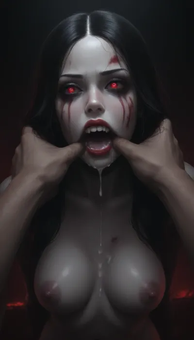 High resolution POV cartoon image of a sexy female vampire, slim body, pale white skin, extremely heavy black eye shadow, bright glowing red eyes, long straight black hair, long black sharp nails, fingers stained with lots of blood, fangs dripping blood, big blood stains around mouth, deep dark red lips, with an enormous dick deep in her throat, deepthroat, pushing head, gagging, embarrassed, ashamed, determined, bloodshot eyes, choking, puking huge amounts of cum, sticky gooey white cum, lots of white sticky gooey cum on face, face drenched in cum, strands of cum connecting mans balls to girls lips, huge amounts of cum on everything, more cum on face, cum dripping, cum on large naked tits, cum on dick, set by an old gothic lit fireplace in a black stone castle bedchamber, <lora:dark:1.2>