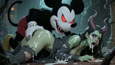 High resolution cartoon image of gigantic evil Mickey Mouse, evil grin, pale white face, red glowing eyes, brutally pinning Maleficent to the floor and fucking her ass, green grey skin, clothes ripped to shreds, cum in hair, white gooey cum on face, cum on naked tits, sobbing, covered in cum, cum in ass, brutal anal sex, rough