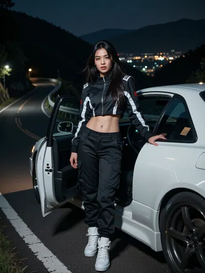 cinematic photograph of a stylish Asian woman standing beside a heavily modified Nissan Silvia S15 at a winding mountain touge road in Japan at night, wearing a cropped black racing jacket, fitted cargo pants and white high-top sneakers, long dark hair slightly messy from the wind, one hand resting on the open driver door, distant city lights glowing far below