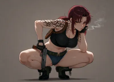 (Ratatatat74), (Revy from Black Lagoon, smoking, gun), squatting, simple background, looking at viewer, flipping off viewer, <lora:ratatatat74-000050:.8>