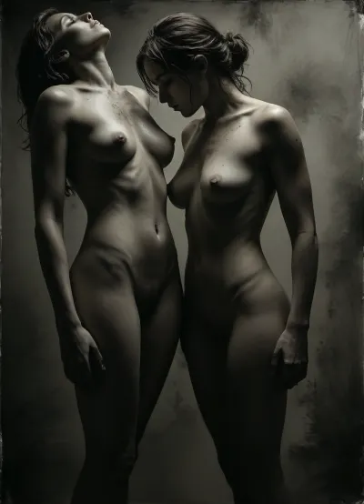 monochrome figurative watercolor painting on textured white cold pressed paper, intimate close cropped composition of two clearly adult human figures, busty woman, 28 years old, and, a man with erected veined penis, 32 years old, intertwined at extremely close range, bodies filling almost the entire vertical frame, unusual overhead and slightly oblique viewpoint, almost no environmental context, the composition built from overlapping torsos, shoulders, arms, hands and bent legs, one adult figure occupying the lower half of the image while the second figure enters strongly from the upper edge, faces largely outside the crop or obscured by the compressed arrangement, intimate physical proximity expressed through overlapping anatomy rather than explicit action, loose gestural anatomy with recognizable human proportions but deliberately unfinished contours, black watercolor and diluted India ink only, broad transparent gray washes, soft bleeding edges, irregular pools of pigment, granulation, blooms, backruns and visible water stains, darkest charcoal gray concentrated around overlapping limbs and deep anatomical shadows, large areas of untouched white paper functioning as highlights, almost no hard outlines, forms emerging from tonal masses, wet on wet transitions beside occasional dry brush accents, hands and fingers loosely indicated rather than meticulously rendered, spontaneous expressive brushwork, slightly distorted perspective characteristic of observational life drawing, strong contrast between pale skin shaped by diluted washes and dense near black shadow passages, subtle paper fibers visible throughout, handmade imperfect quality, contemporary expressive nude figure study, restrained museum sketchbook aesthetic, vertical portrait format, approximately 3 to 4 aspect ratio, no background objects, no decorative elements, every mark focused on gesture, weight, overlapping bodies and tonal rhythm, <lora:add-detail-xl:.7>, <lora:dark:.1>, <lora:MJ52:.7>, <lora:saturated_colors:1.5>, <lora:Sweaty_Realism_4-000006:1.4>