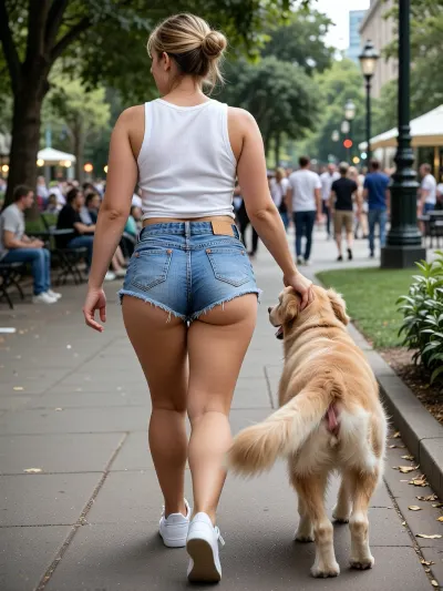 woman, 42 years old, (very busty:1.8), (chubby:1.4), very beautiful, white sleeveless tank top, ((very tiny)), denim shorts, ((leaving ass cheeks exposed)), white sneakers, walking golden retriever in a busy public park, ((view from back)), masterpiece, photorealistic