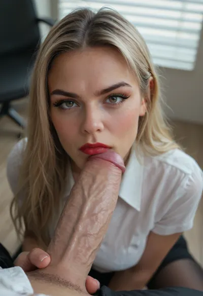 Cinematic still the viewer looks down at a disgusted girl kneeling before them. Blonde, very long hair, straight hair, dark brown eyes, heavy black eyeliner, heavy black eyeshadow. Cute little snub nose. Dark red lipstick. White office shirt. Black pantyhose., (((She's gazing up with big disgusted face))), . Their giant cock is next to her cheek. The first-person perspective immerses the viewer. Luxury office background. 4k epic detail, shot on kodak, 35mm photo, sharp focus, high budget, cinemascope, moody, epic, gorgeous, film grain, grainy, score_9, score_8_up, score_7_up, rating, (giant cock:1.7), (disgust:1.3), POV, kneeling, submissive, big_eyes, but, <lora:BUT_SDXL_SHS:.8>