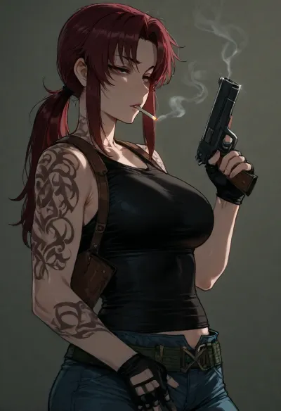 (Ratatatat74), (Revy from Black Lagoon, smoking, gun), simple background, <lora:ratatatat74-000050:.8>