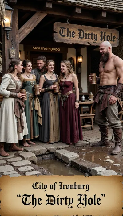 medieval story, knight, crusader, shield, sword, armor, plate, flags, breach, wall, peasants, fire, torch, tools, flag, cross, seafarer, defend, fight, pergament, subtitles, the hole, ironburg, white, city, fantasy story, dark grim, the dirty hole, meideal city, tavern, people, party drink, bjorn