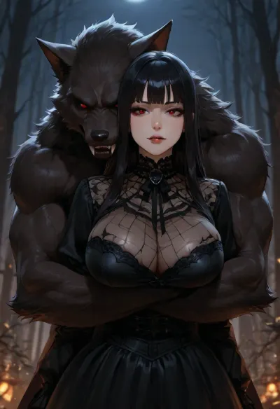 MILF, voluptuous, pale, black straight hair, gothic dress, dark red eyes, (vampire fangs:1.6), red lips, woods, night, werewolf, hugging from behind, full view