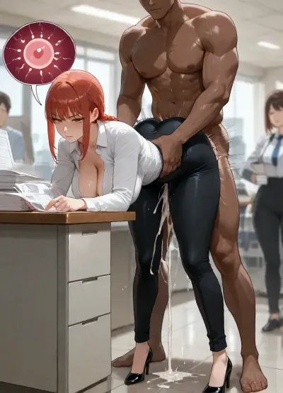 Makima from chainsaw man, (makima), serious, makima cosplay, busy office, people on the background, huge cleavage, bend over on a desk, (muscular dark brown man fucking her from behind:1.2), holding her by the hips, faceless male, sex, wedding ring on finger, huge cum dripping, full body, impregnation, fertilized eggs, pants, (inspecting documents:1.3), front view