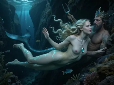 ultra photorealistic cinematic deep ocean fantasy photography, adult woman 24 years old, floating horizontally and weightlessly inside an abyssal underwater canyon, viewed in side profile from a slightly low perspective, head toward the right and long legs toward the left, torso gently arched, both arms raised with relaxed open hands, slim naturally athletic figure, narrow waist, long lean torso, softly curved hips, nude and completely embedded in the surrounding deep water, no visible water surface, no seabed, no horizon, no bright opening anywhere in the frame, no lighter zone above her, upper background as dark as the lower background, no surface shimmer, no sunbeams, no volumetric shafts, no caustic patterns, no cyan highlights painted across the skin, no luminous turquoise reflections, the entire scene illuminated only by extremely weak diffuse ambient deep sea light with no identifiable direction or source, her skin rendered in subdued low saturation cold gray, muted green gray and blue black shadow tones, matte and softly absorbed into the water rather than glowing, realistic pores, fine vellus hair and natural microtexture visible only where faint soft light reaches the body, broad tonal gradients across shoulders, face, torso and limbs, no sharp light lines or bright reflective streaks, soft oval face, delicate tapered jawline, pale gray blue eyes, natural eyebrows, medium full lips, unmistakable deep gentle silent smile, serene awake expression clearly communicating life and calmness, extraordinarily thick blonde hair formed from dense corkscrew curls and long springy spiral ringlets, the entire mass floating far outward around her head, shoulders and upper torso, countless curls suspended independently in three dimensional space, fine silver chain with a polished oval turquoise gemstone pendant, dark and restrained with only a tiny dull highlight, in the distant left background a clearly recognizable fairy tale sea king watches her curiously, adult male, powerfully muscular upper body, long flowing beard, crown like marine adornments, majestic fish tail, one hand holding a trident, half concealed behind dark rock formations and waving underwater plants, body mostly hidden but face, beard, shoulders, trident and tail sufficiently visible to be unmistakable, enormous rock walls and submerged formations fading into progressively deeper blue black darkness, fish schools crossing foreground, mid distance and far background, occasional tiny bubbles, suspended particles barely visible, deep blacks dominating the frame, restrained low contrast palette, heavy atmospheric attenuation, 24 mm full frame underwater photography, realistic refraction, subtle analog grain, highly controlled low key exposure, mysterious fairy tale atmosphere, haunting scale, graceful weightlessness, tactile photorealism