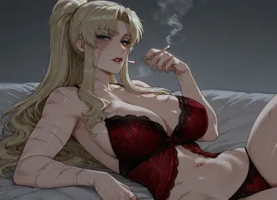 (Ratatatat74), (Balalaika from Black Lagoon, (scars:1.5), smoking), lingerie, lounging, sultry, <lora:ratatatat74-000050:.8>