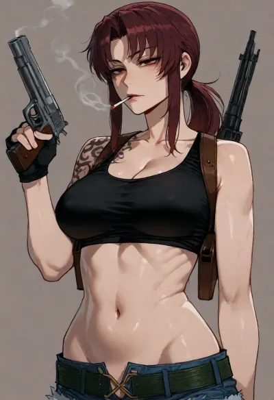 (Ratatatat74), (Revy from Black Lagoon, smoking, gun, sexy), simple background, <lora:ratatatat74-000050:.8>