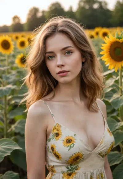 A young European woman, huge breasts, fair skin, delicate features, hazel hair—slightly wavy, past her shoulders, worn loose. Her eyes are finely detailed, and her gaze is calm. Clothing, a light summer sundress with narrow straps, a white background printed with large flowers and green foliage. In the foreground, a large sunflower with bright yellow petals and a brownish-green center covers part of her torso. Behind the girl is a field of blooming sunflowers stretching to the horizon, with a distant row of trees. Golden hour, the sun is low, casting warm highlights on her hair and skin, with soft side lighting. A realistic photograph with a cinematic, warm tone and high detail in the leaves and petals.