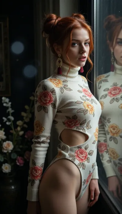 Moody boudoir photograph of a young woman with vibrant red hair styled into two loose buns with wispy strands framing her face, standing beside a window where her reflection is softly visible in the glass. She wears a fitted cream-colored knit turtleneck sweater covered in a delicate print of coral, peach, and golden yellow roses with green leaves, the sweater features dramatic cutouts exposing her bare ribs, the full side of her breast, and a very high thigh slit that reveals the smooth, pale skin of her leg and hip. She wears an ornate gold dangling earring with a deep red tassel on one side. The lighting is low-key and cinematic, with soft, cool directional light entering from the window behind her to create a subtle rim light around her hair and shoulders, while the foreground remains in soft, dark shadow. In the deep background to the left, out-of-focus floral arrangements are barely visible in the darkness, and soft bokeh highlights float in the air, contributing to an intimate, moody, high-contrast atmosphere. The composition is a vertical medium-full shot where the subject occupies most of the frame from head to mid-thigh, with shallow depth of field keeping her sharply in focus while the background falls into dark atmospheric blur