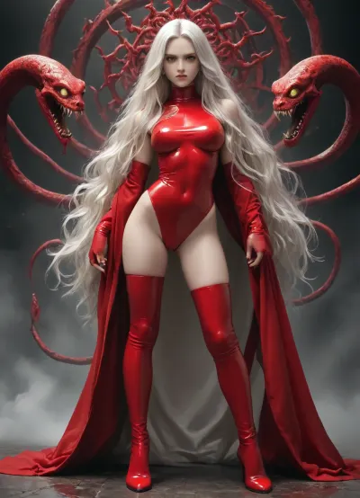 beautiful sexy 60 year old woman, very old, medusa style snakes as hair, black with red heads, RED skin, bright yellow eyes, demonic, haggered face, scowling look, red latex thigh boots, tall long legs, <lora:add-detail-xl:.8>, <lora:xl_more_art-full_v1:.8>
