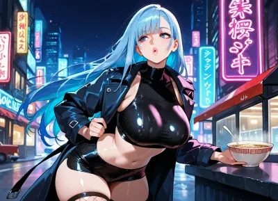 masterpiece, best quality, perfect skin texture, perfect hands, hyperrealistic lighting, cyberpunk setting, in the capital, at night, alot of diffrent neon lights and signs on the backgrpund
A woman, long blue hair blowing back, she has visable cybernetic implants steel and blue, full leather trench coat thats open, she has tight shorts with fishnet stockings, blue neon electric strips on her coat, crop top covering her breast, She is at a noodle truck, with a bowl of noodle in front of her