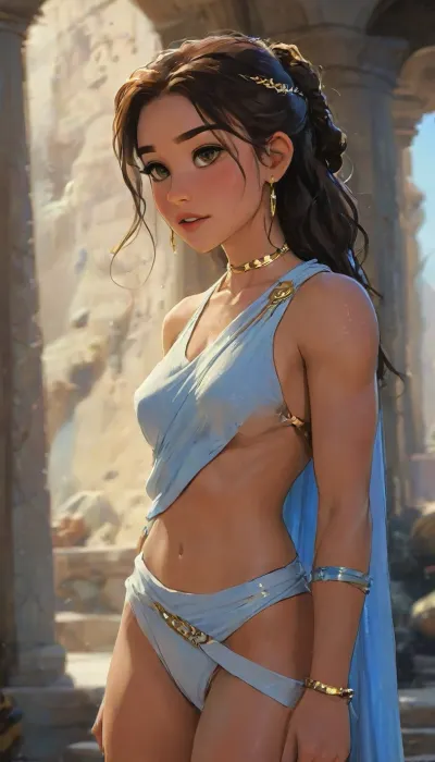 A cinematic, full-body portrait of a stunning woman Keiani Mabe, standing in a majestic sci-fi-fantasy setting that blends the world of Star Wars with ancient Greek aesthetics. Her face is radiant and expressive — oval-shaped with smooth, sun-kissed skin, high cheekbones, and a softly defined jawline. Her eyes are large, almond-shaped, and deep brown, glowing subtly with warm inner light, framed by thick lashes and gracefully arched brows. She wears subtle yet refined makeup, glowing skin, warm rose-toned blush, soft gold eyeshadow, and nude gloss on her full, well-shaped lips, curved into a charming, cute smile that radiates warmth and charisma.

Her hair is long, dark brown, and flowing in soft, wind-swept waves, with a few strands braided and adorned with tiny metallic charms and beads that reflect the ambient glow of distant stars. A delicate gold circlet with embedded kyber crystals rests on her forehead.

Her body is fit and sculpted — a blend of toned athleticism and graceful femininity. Her waist is narrow, abs faintly defined, and her hips curve into strong, muscular thighs that are confidently displayed. Her thighs are particularly prominent, smooth, powerful, and feminine, highlighted by dramatic lighting and the movement of her outfit. Her arms and legs show subtle muscle tone, not bulky but visibly trained.

She wears a sci-fi reimagining of a Greek toga an asymmetrical draped outfit made of shimmering semi-translucent fabrics and metallic-threaded cloth. One shoulder is bare, the toga cinched at her waist with a high-tech belt emitting a faint blue light. The fabric falls diagonally, partially revealing one thigh and part of her toned midriff, while maintaining elegance and mystique. Her footwear consists of sleek, futuristic sandals with faintly glowing soles. Armlets and earrings with intricate alien-Greek fusion designs complete the look.

The background is a Star Wars-style high temple on a distant planet marble spires fused with alien architecture, twin suns low on the horizon, soft blue and golden light casting cinematic shadows. A gentle breeze lifts the hem of her toga and hair, adding motion and drama. She stands confidently, a symbol of beauty, strength, and mystery in a galaxy far, far away., wet body, hanging gold on face choker neck arms body belly legs thighs feet jewelry, Keiani, perfect anatomy, <lora:Keiani [qqxoix18fe042faa5r222a]:2>, uberfit, muscular, athletic, <lora:uberfit_lora_sdxl:.6>, best quality, 8k, insane details, intricate details, hyperdetailed, hyper quality, ultra detailed, professional, HDR, ray tracing reflection, cinematic lighting, highlydetailedbody, realisticface, highlydetailedhair, perfectfingers, insanelydetailed, 8K.highdetailedskin, highresolution, (j_cartoon:1.5), Drawing, <lora:samdoesarts1.1-000030:.4>, <lora:J_cartoon:.3>, <lora:Animated_Concept:.4>