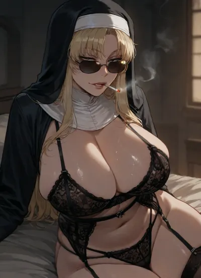 (Ratatatat74), (Eda from Black Lagoon, smoking, sunglasses, nun), lingerie, lounging, sultry, <lora:ratatatat74-000050:.8>