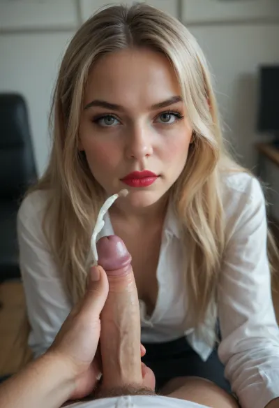 Cinematic still the viewer looks down at a disgusted girl sitting in the chair before them. Blonde, very long hair, straight hair, dark brown eyes, heavy black eyeliner, heavy black eyeshadow. Cute little snub nose. Dark red lipstick. White office shirt. Black pantyhose., (((She's gazing up with big disgusted face))), . Their small thin cock is next to her cheek. The first-person perspective immerses the viewer. Luxury office background. 4k epic detail, shot on kodak, 35mm photo, sharp focus, high budget, cinemascope, moody, epic, gorgeous, film grain, grainy, score_9, score_8_up, score_7_up, rating, (smallest shortest thinnest cock:1.7), (unexpected cumshot on the face:1.7), (disgust:1.3), POV, kneeling, submissive, big_eyes, but, <lora:BUT_SDXL_SHS:.8>