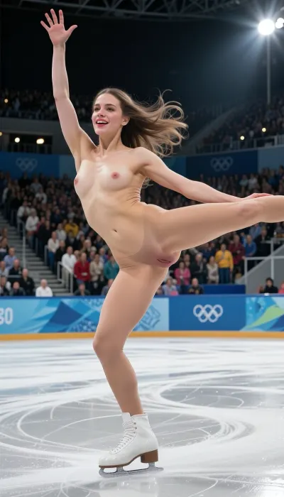 raw photo, 8k uhd, high quality, high resolution, ultra-detailed, professional photography, Ice arena, ice skating event at Olympic games, Biellmann spin, spectators, on the ice a 29 yo. figure skater woman completely naked, performs pirouette Billman in skates, smooth hairless pussy, Full-length view from afar, detailed vagina, exhibitionism, perfect hands, perfect fingers, 5 fingers, perfect face, perfect luscious lips, perfect teeth, perfect shiny eyes, perfect athletic legs, correct anatomy, body proportions, correction, pretty face, Billman, flying, spin, motion, spiral, dancing, on exhibition, raise arm, cinematic, spotlight, countless, crowd, wind, night