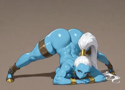 (vados from dragon ball), blue skin and white hair in a high ponytail, solo, nsfw, jack_o_pose, (simple background)
