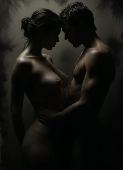 monochrome figurative watercolor painting on textured white cold pressed paper, intimate close cropped composition of two clearly adult human figures, busty woman, 28 years old, and, a man with erected veined penis, 32 years old, intertwined at extremely close range, bodies filling almost the entire vertical frame, unusual overhead and slightly oblique viewpoint, almost no environmental context, the composition built from overlapping torsos, shoulders, arms, hands and bent legs, one adult figure occupying the lower half of the image while the second figure enters strongly from the upper edge, faces largely outside the crop or obscured by the compressed arrangement, intimate physical proximity expressed through overlapping anatomy rather than explicit action, loose gestural anatomy with recognizable human proportions but deliberately unfinished contours, black watercolor and diluted India ink only, broad transparent gray washes, soft bleeding edges, irregular pools of pigment, granulation, blooms, backruns and visible water stains, darkest charcoal gray concentrated around overlapping limbs and deep anatomical shadows, large areas of untouched white paper functioning as highlights, almost no hard outlines, forms emerging from tonal masses, wet on wet transitions beside occasional dry brush accents, hands and fingers loosely indicated rather than meticulously rendered, spontaneous expressive brushwork, slightly distorted perspective characteristic of observational life drawing, strong contrast between pale skin shaped by diluted washes and dense near black shadow passages, subtle paper fibers visible throughout, handmade imperfect quality, contemporary expressive nude figure study, restrained museum sketchbook aesthetic, vertical portrait format, approximately 3 to 4 aspect ratio, no background objects, no decorative elements, every mark focused on gesture, weight, overlapping bodies and tonal rhythm, <lora:add-detail-xl:.7>, <lora:dark:.1>, <lora:MJ52:.7>, <lora:saturated_colors:1.5>, <lora:Sweaty_Realism_4-000006:1.4>