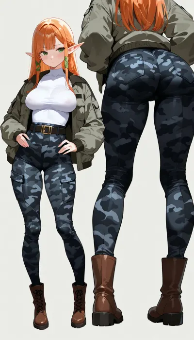 full body view, young sexy woman, elf, 18 yo, (petite:1), long ginger hair, green eyes, big round boobs, black camo pants, white top, high boots, gray camo jacket. simple background