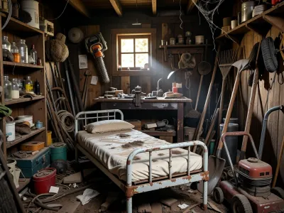 An old private garden shed, cramped, dark, and packed almost to the ceiling, with a nearly hoarder-like character, its walls made of aged wooden planks, stained, dry, darkened in places, and covered with dust, cobwebs, and years of wear, rough shelving along the sides crowded with tins, old glass jars, scraps of cable, rusty nails, screws, oil bottles, toolboxes, and miscellaneous clutter, with all kinds of gardening equipment hanging from hooks or leaning against the walls, a chainsaw with a worn handle, a brush cutter, rakes, shovels, hoes, and an old lawn mower, everything pushed chaotically into the room, in the background a heavy, much-used wooden workbench with a mounted vise, covered in dust, metal filings, dirty rags, and half-forgotten tools, only one small wooden-framed window allowing a narrow shaft of warm sunlight to enter, illuminating suspended dust particles while the rest of the shed remains in deep, oppressive darkness, and in the middle of this chaotic, overcrowded space stands an old metal bed dominating the foreground, resembling an antique hospital bed, with a narrow iron frame painted white, the paint heavily chipped and flaking away to reveal patches of rust underneath, reinforcing the neglected character of the place, on top lies a thin white mattress, heavily soiled, sagging, and aged, as though the bed has been standing there for years, surrounded by clutter, tools, dust, and the claustrophobic disorder of the shed.