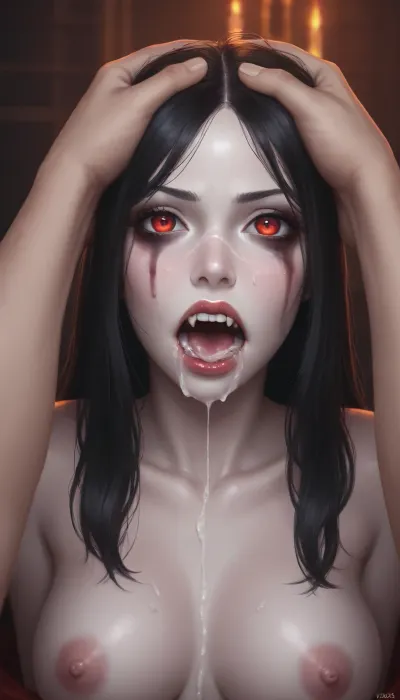 High resolution POV cartoon image of a sexy female vampire, slim body, pale white skin, extremely heavy black eye shadow, bright glowing red eyes, long straight black hair, long black sharp nails, fingers stained with lots of blood, fangs dripping blood, big blood stains around mouth, deep dark red lips, with an enormous dick deep in her throat, deepthroat, pushing head, gagging, embarrassed, ashamed, determined, bloodshot eyes, choking, puking huge amounts of cum, sticky gooey white cum, lots of white sticky gooey cum on face, face drenched in cum, strands of cum connecting mans balls to girls lips, huge amounts of cum on everything, more cum on face, cum dripping, cum on large naked tits, cum on dick, set by an old gothic lit fireplace in a black stone castle bedchamber