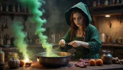 a Evil Salem Witch cooking a toxic potion. green smoke, Thick impasto strokes blend Carne Griffiths' surrealism with Monge's dreamy textures. lit with diffused HDR glow, low-contrast. dramatic chiaroscuro lighting, sharp textures, 8K.