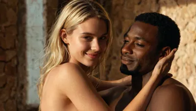 Uber realistic, perfect illumination, (best shadow), 8K, UHD, sharp image, (best illumination), best quality, ultra-detailed, fine detail, highres, 8k wallpaper, masterpiece, high definition, pale young slim nude 18 year old blonde girl smiling and hugging a naked african man