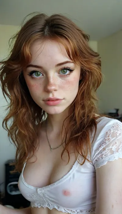 (the style of 1990's Polaroid flash:1), score_9, score_8_up, score_7_up, amateur selfie, younger girl, (messy ginger hair:1), (deep-green eyes:1), (28c breast size:1), freckles everywhere, tight and firm, 18 years old girl, very slim girl, Best quality, realistic, slim waist, nice perky firm round fake tits, firm round breasts, Looking at the camera, (toned abs:1.3), flat midriff, visible ribs, toned pelvis, freckles, fresh face, (freckled face:1), shy look, pale, very petite girl, very detailed, POV from slightly above looking slightly down, 19year old emo with very sexy and very firm boobs, (small erect nipples:1), tiny areolas, (Dainty little emo girl), very busty, gorgeous emo girl wearing snug clothing accentuating her chest, snug shirt that gives her nice cleavage, extremely sexual curves, tiny waist, tight waist, microwaist, silicone tits, skinny and lean physique. Sensual Emo female body. Long messy ginger hair framing a cute freckled face, very long curly hair, freckled face, freckled cheeks, beautiful freckles. Her eyes are an envious green, Tshirt that has lace sleeves, early 2000's emo attire, wearing emo clothing from the early 2000's, ripped skinny jeans, low-rise skinny jeans, full length skinny jeans. Dynamic lighting, natural lighting, key light, side light, early 2000's Myspace profile pic selfie, kissy face selfie, standing up, good posture. score_10_up, score_9_up, score_7_up., hannahowoxl, <lora:add-detail-xl:2>, <lora:MJ52:2>, <lora:WildcardX-XL-Detail-Enhancer:2>, <lora:Adjust_SDXL_v3.0:2>, <lora:HannahXL:2>