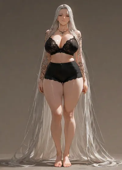 masterpiece, best quality, absurdres, newest, highres, very aesthetic, 1girl, solo, mature female, adult, very_long_hair, grey_hair, braid, brown_eyes, huge_breasts, wrinkled skin, wrinkles, old, elderly, narrow frame, flat stomach, black bra, black boyshorts, silk, lingerie, underwear only, barefoot, tattoo, piercing, scar, square jaw, thick eyebrows, button nose, sharp jaw, standing, full body, looking at viewer, simple background, soft lighting, detailed face, detailed eyes