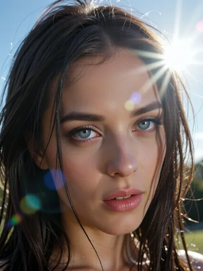 (experimental avant-garde artistic study of light and contrast), (striking low-angle closeup of a 32yo woman's brilliant blue eyes), (surreal scene with intense hair-glow lighting, HDR lighting, light bloom, god rays, lens flare), (stray strands of hair framing her face), (outdoors daylight scene), (cinematic offset framing composition)