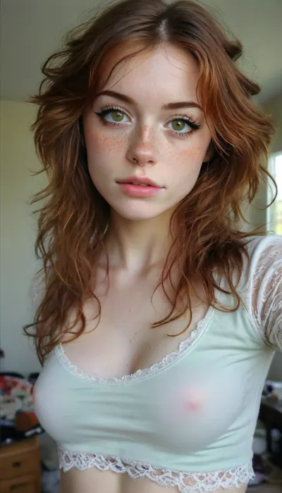 (the style of 1990's Polaroid flash:1), score_9, score_8_up, score_7_up, amateur selfie, younger girl, (messy ginger hair:1), (deep-green eyes:1), (28c breast size:1), freckles everywhere, tight and firm, 18 years old girl, very slim girl, Best quality, realistic, slim waist, nice perky firm round fake tits, firm round breasts, Looking at the camera, (toned abs:1.3), flat midriff, visible ribs, toned pelvis, freckles, fresh face, (freckled face:1), shy look, pale, very petite girl, very detailed, POV from slightly above looking slightly down, 19year old emo with very sexy and very firm boobs, (small erect nipples:1), tiny areolas, (Dainty little emo girl), very busty, gorgeous emo girl wearing snug clothing accentuating her chest, snug shirt that gives her nice cleavage, extremely sexual curves, tiny waist, tight waist, microwaist, silicone tits, skinny and lean physique. Sensual Emo female body. Long messy ginger hair framing a cute freckled face, very long curly hair, freckled face, freckled cheeks, beautiful freckles. Her eyes are an envious green, Tshirt that has lace sleeves, early 2000's emo attire, wearing emo clothing from the early 2000's, ripped skinny jeans, low-rise skinny jeans, full length skinny jeans. Dynamic lighting, natural lighting, key light, side light, early 2000's Myspace profile pic selfie, kissy face selfie, standing up, good posture. score_10_up, score_9_up, score_7_up., hannahowoxl, <lora:add-detail-xl:2>, <lora:MJ52:2>, <lora:WildcardX-XL-Detail-Enhancer:2>, <lora:Adjust_SDXL_v3.0:2>, <lora:HannahXL:2>
