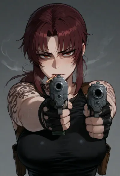 (Ratatatat74), (Revy from Black Lagoon, smoking, gun), looking at viewer, pointing gun at viewer, <lora:ratatatat74-000050:.8>