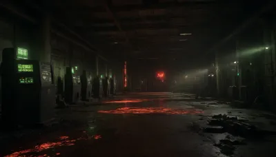 ((picture of a very big, dark and steamy Bio-Research facility, dark red lighting, a horrible scene, flickering control panels and old computers under flickering fluorescent lights, dirt and trash laying allaround, in the background three wrecked big turbines, rusty and leaking broken barrells everywhere, yelloy barrells with the letters "BIOHAZARD")), ., ((toxic orange glowing liquid is leaking and dripping from old rusty pipes)), ((neon-green and orange glowing liquid spills across rusted steel beams and cracked concrete floors)), . viscous and iridescent toxic liquid with jagged puddles on the floors reflecting faint emergency lights, ((in glowing-yellow letters the words “NUCLEAR WASTE” written on the floor)), H.R. Giger’s biomechanical textures, realistic details, (cinematic dark red lighting), bloodpunkai, CPUNK, <lora:BloodPunkAIp:.8>, <lora:Cyberpunk:1.8>, <lora:dark:.5>, <lora:Cloudy_Style:.3>