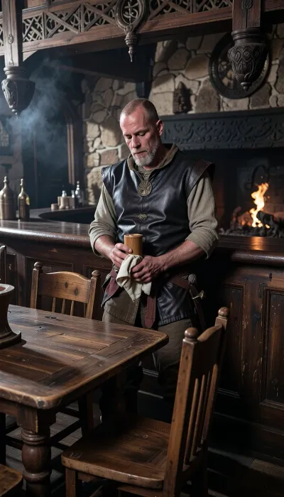 (a wide 16:9), cinematic movie still of the interior of a medieval tavern called The Dirty Hole, shot on Hasselblad 500C, Carl Zeiss 80mm lens. Behind the heavy wooden bar counter stands a single, grizzled medieval bartender who is a retired crusader knight. He has a weathered, scarred face with detailed clear facial features, a short beard, and natural calm expressions. He wears a dark leather vest over a simple medieval shirt, calmly cleaning a wooden mug with a cloth. The dark tavern is dimly lit, dominated by rough stone walls and roaring fireplace in the deep background casting natural warm light. In the foreground, empty rustic wooden tables with authentic wood textures. Volumetric smoke, authentic analog film grain, masterpiece photography, 8k.
