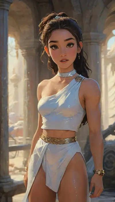 A cinematic, full-body portrait of a stunning woman Keiani Mabe, standing in a majestic sci-fi-fantasy setting that blends the world of Star Wars with ancient Greek aesthetics. Her face is radiant and expressive — oval-shaped with smooth, sun-kissed skin, high cheekbones, and a softly defined jawline. Her eyes are large, almond-shaped, and deep brown, glowing subtly with warm inner light, framed by thick lashes and gracefully arched brows. She wears subtle yet refined makeup, glowing skin, warm rose-toned blush, soft gold eyeshadow, and nude gloss on her full, well-shaped lips, curved into a charming, cute smile that radiates warmth and charisma.

Her hair is long, dark brown, and flowing in soft, wind-swept waves, with a few strands braided and adorned with tiny metallic charms and beads that reflect the ambient glow of distant stars. A delicate gold circlet with embedded kyber crystals rests on her forehead.

Her body is fit and sculpted — a blend of toned athleticism and graceful femininity. Her waist is narrow, abs faintly defined, and her hips curve into strong, muscular thighs that are confidently displayed. Her thighs are particularly prominent, smooth, powerful, and feminine, highlighted by dramatic lighting and the movement of her outfit. Her arms and legs show subtle muscle tone, not bulky but visibly trained.

She wears a sci-fi reimagining of a Greek toga an asymmetrical draped outfit made of shimmering semi-translucent fabrics and metallic-threaded cloth. One shoulder is bare, the toga cinched at her waist with a high-tech belt emitting a faint blue light. The fabric falls diagonally, partially revealing one thigh and part of her toned midriff, while maintaining elegance and mystique. Her footwear consists of sleek, futuristic sandals with faintly glowing soles. Armlets and earrings with intricate alien-Greek fusion designs complete the look.

The background is a Star Wars-style high temple on a distant planet marble spires fused with alien architecture, twin suns low on the horizon, soft blue and golden light casting cinematic shadows. A gentle breeze lifts the hem of her toga and hair, adding motion and drama. She stands confidently, a symbol of beauty, strength, and mystery in a galaxy far, far away., wet body, hanging gold on face choker neck arms body belly legs thighs feet jewelry, Keiani, perfect anatomy, <lora:Keiani [qqxoix18fe042faa5r222a]:2>, uberfit, muscular, athletic, <lora:uberfit_lora_sdxl:.6>, best quality, 8k, insane details, intricate details, hyperdetailed, hyper quality, ultra detailed, professional, HDR, ray tracing reflection, cinematic lighting, highlydetailedbody, realisticface, highlydetailedhair, perfectfingers, insanelydetailed, 8K.highdetailedskin, highresolution, (j_cartoon:1.5), Drawing, <lora:samdoesarts1.1-000030:.4>, <lora:J_cartoon:.3>, <lora:Animated_Concept:.4>