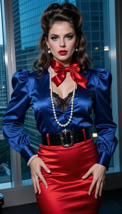 Caucasian woman, heart-shaped face, high prominent cheekbones, defined angular jawline, perfect red lipstick on full lips, voluminous 80s bouffant hair swept upward, white pearl drop earrings, multi-strand pearl necklace, pearl bracelet on right wrist. She wears a shimmering cobalt blue silk blouse with voluminous puff sleeves, a pristine red silk bow at the high collar, and a high-shine red satin pencil skirt with a polished black leather belt. Beneath the silk and satin, she wears a delicate sheer black lace bra and a matching red lace thong. She stands in a poised, symmetrical posture with hands on her hips, clothing smooth and flawless. Luxury penthouse setting, floor-to-ceiling windows showing blue-tinted glass high-rise towers, cinematic lighting.