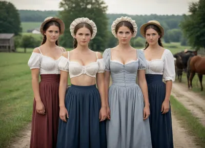 Group of half-naked Amish busty women, traditional Amish dress with bonnet, long skirt, unbuttoned corsette, fully exposed naked breasts, topless, no bra, strong legs, farm outdoor, hyperrealistic