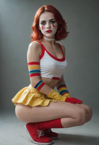 A studio photo of a woman with huge brests and round ass in stylized Ronald McDonald cosplay, squatting, looking with a serious expression. She has red medium-length hair, white clown face paint, a red clown nose, and dark tear-streaked eye makeup. Wearing a yellow crop top with red-and-white striped arm warmers, a single yellow glove, a white choker, and a yellow pleated mini-skirt with red tabs. Soft studio lighting, neutral two-tone grey wall background, clean editorial fashion portrait photography, shot on 35mm lens
