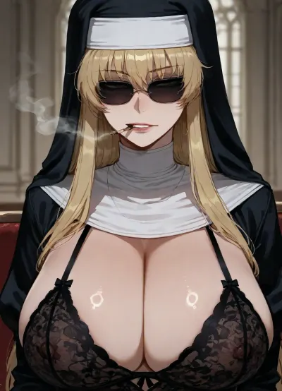 (Ratatatat74), (Eda from Black Lagoon, smoking, sunglasses, nun), lingerie, lounging, sultry, <lora:ratatatat74-000050:.8>