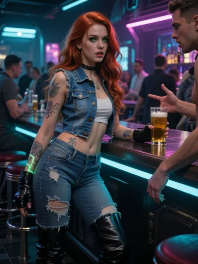 woman, Full body, 25 year old girl, long redhead hair, wavey long hair, look at viewer, deep green eyes, she is wearing ripped jeans, sleeveless denim jacked very torn up, over the knee biker boots, leather gloves, neon glowing tattoos, cyberpunk look

In a 23 century futuristic bar, alot of neon lighting, crowded. Shes at the bar drinking a beer telling an animated story to a very skinny man

dynamic Pose, sharp focus, by pascal blanche rutkowski repin artstation hyperrealism painting concept art of detailed character, perfect professional photography Hyperrealistic photo perfect figure, Hyper detailed by Magali Villeneuve, Clint Cearley and Ekaterina Burmak, high definition textures, meticulous details, maximalist, high quality reflections Hyperdetailed Painting By Ismail_Inceoglu Tom Bagshaw Dan Witz CGSociety ZBrush Central Fantasy Art 4K, sidelight, frontlight, cinematic_lighting, neiyi1, damimi, mystery of the dark space, dynamic, dramatic