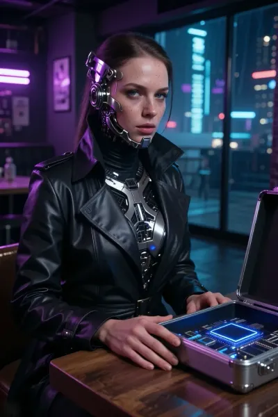 A photorealistic, cinematic portrait of a young woman in cyberpunk style, sitting at a wooden table in a dark nightclub. She has fair skin with a scattering of freckles on her nose and cheeks, attentive eyes, and a calm, serious expression. Dark hair. On one side of her head is a silver neurointerface, a round metal audio module near her ear, segmented plates along her temple and lower jaw, and glints of neon backlighting. A black leather cloak with a wide turn-down collar, epaulets, and a belt with a buckle, his chest is exposed, revealing a polished chrome cybernetic breastplate with a small blue glowing LED dot. One hand rests on a wooden tabletop, the other touches the edge of an open silver aluminum case. Inside the case is a dark circuit board with microchips and a large central chip with a bright blue backlight. Background, purple neon lights on the wall, blurred posters, large windows overlooking a nighttime metropolis with neon signs, soft bokeh. High-contrast neon light on the skin and the patent leather of the coat, cool blue reflections from the case, ultra-detailed rendering, realistic anatomy