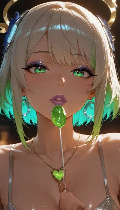masterpiece, 🐶💦💕🪄, An extreme candid macro photograph focusing on the slightly parted lips of a person holding a green lollipop, An close-up beauty portrait of a young woman focusing sharply on her eyes and makeup She has multi-tonal dyed hair blending electric cyan, deep purple, and vivid blue. Her pride makeup features iridescent satin eyeshadow with bright lime-green and aqua shimmer on the inner mobile lids, blended out into a vibrant violet-magenta cut-crease and soft lower-lash smoked liner. Her eyes have bright, detailed hazel-green irises with crisp limbal rings and delicate wispy upper lashes. She wears smooth metallic fuchsia lipstick and subtle cheek highlight. She has delicate hyper-feminine facial features and an elegant neckline.. Clean studio portrait lighting, high micro-contrast, 85mm lens, shallow depth of field with soft dark background.